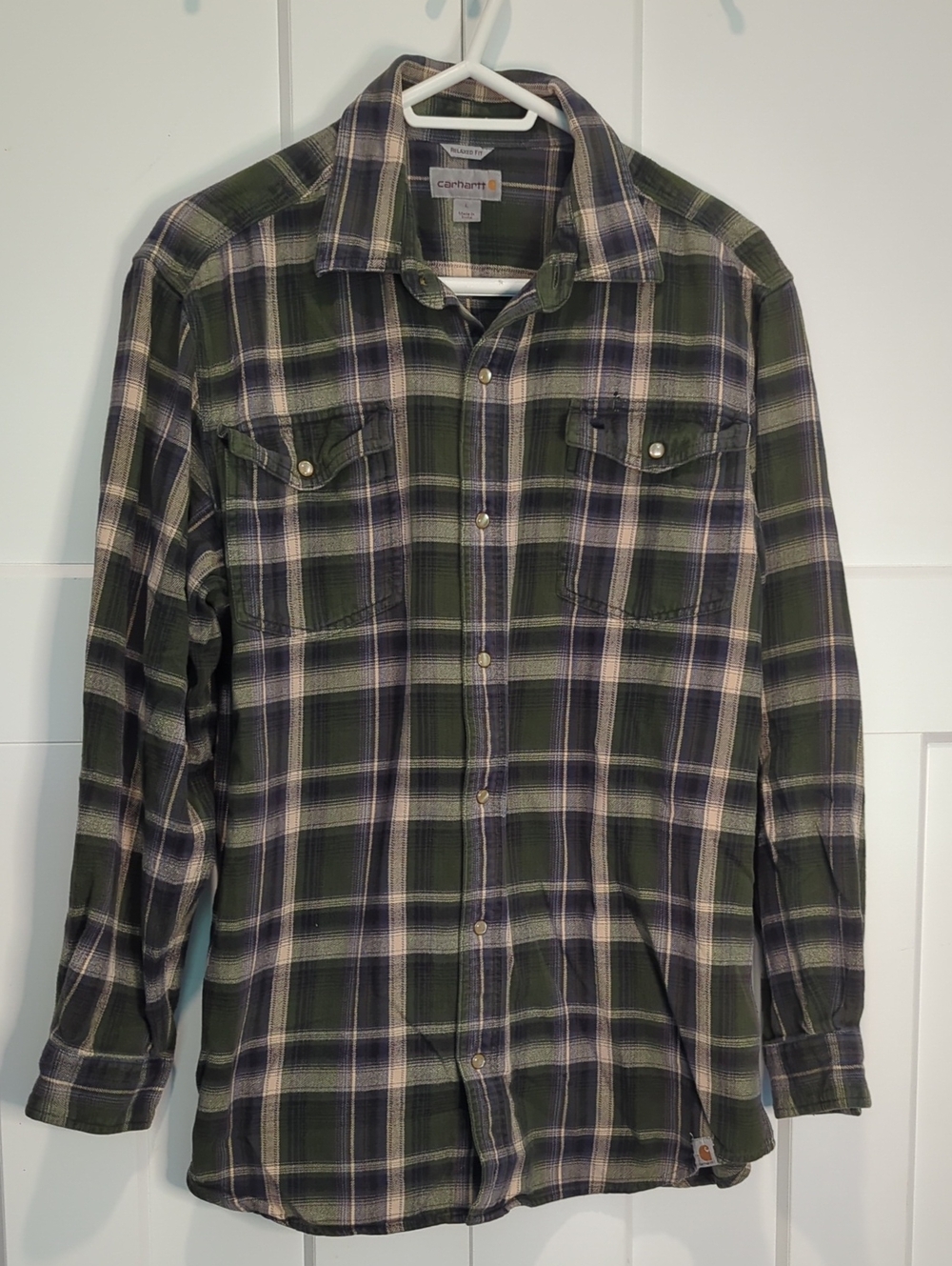 Carhartt Olive, Beige and Navy Plaid Button-Down Flannel Shirt Size L
